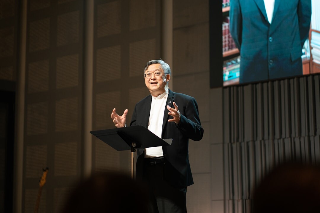 confident speaker on stage